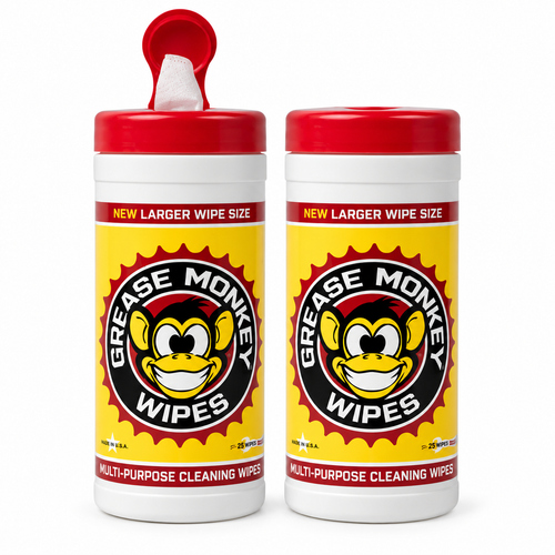 Two 25-count canisters of Grease Monkey heavy-duty cleaning wipes