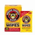 Box of 12 individually wrapped Grease Monkey heavy-duty cleaning wipes with a single packet