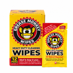 Box of 12 individually wrapped Grease Monkey heavy-duty cleaning wipes with a single packet