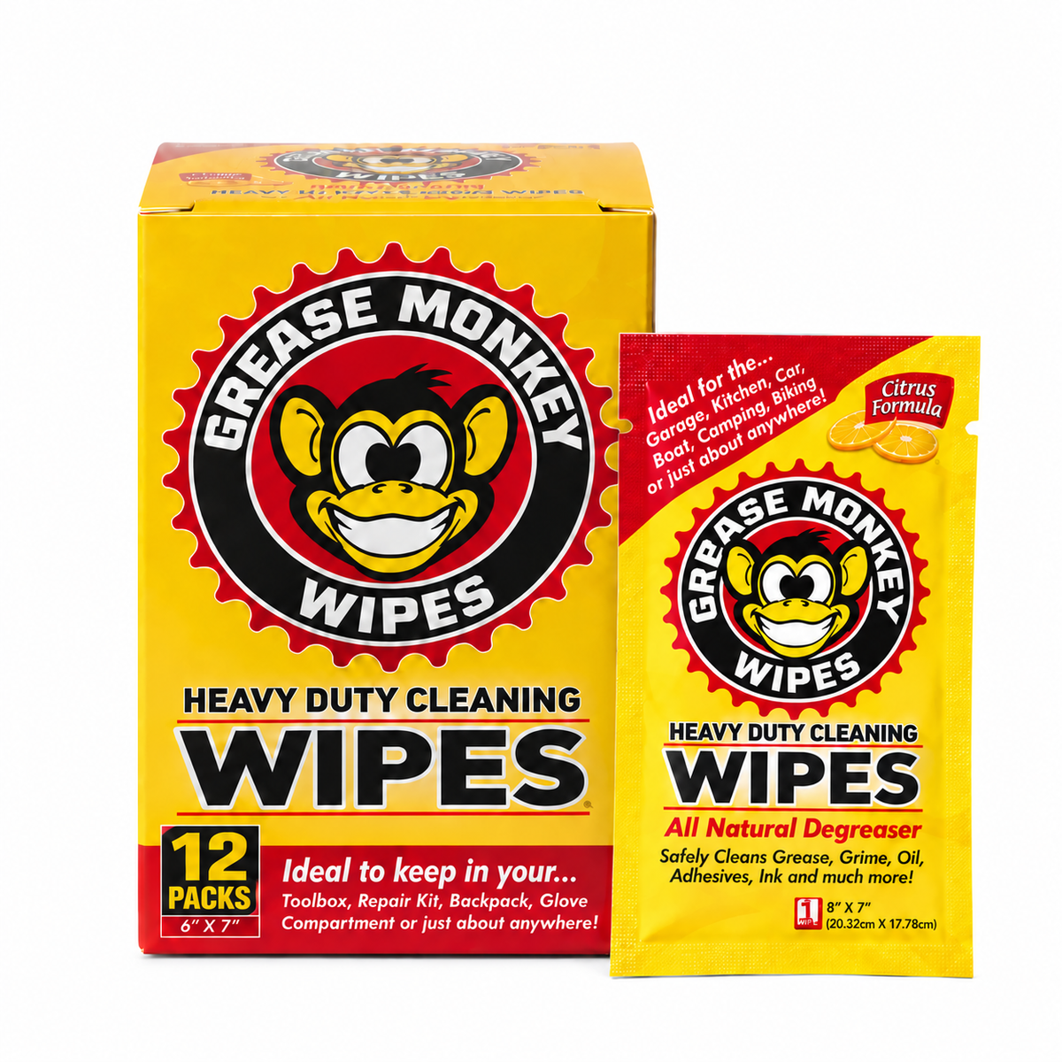 Box of 12 individually wrapped Grease Monkey heavy-duty cleaning wipes with a single packet