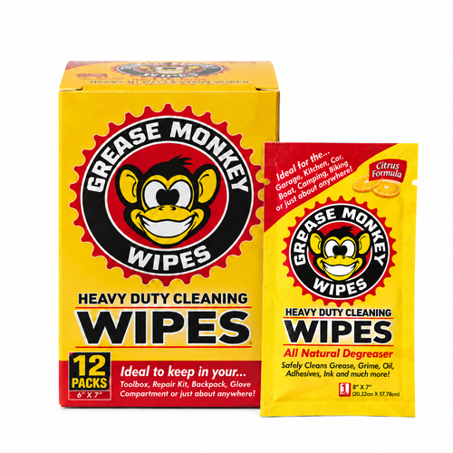 Box of 12 individually wrapped Grease Monkey heavy-duty cleaning wipes with a single packet
