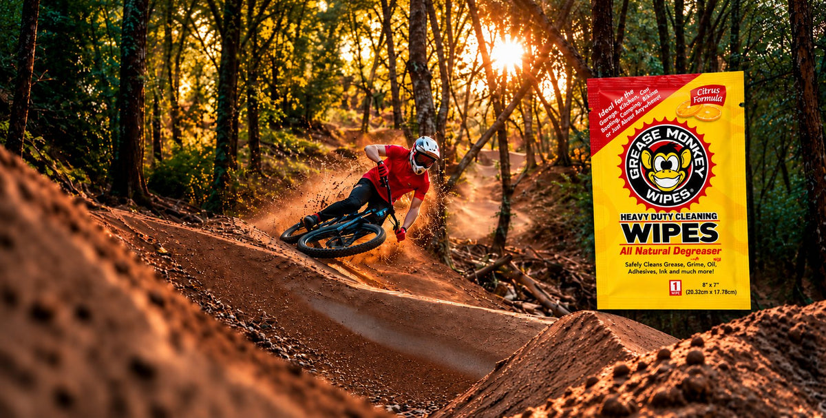 Mountain biker kicking up dirt on a forest trail at golden hour, with a packet of Grease Monkey Wipes