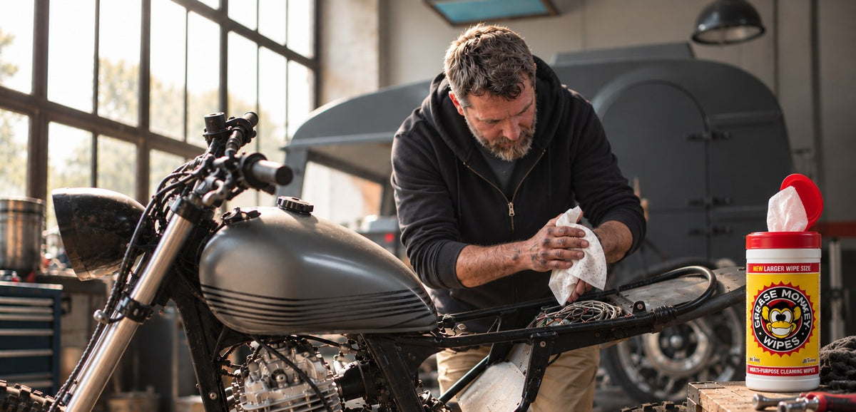 Mechanic cleaning greasy hands with a Grease Monkey wipe beside a motorcycle, canister on the bench