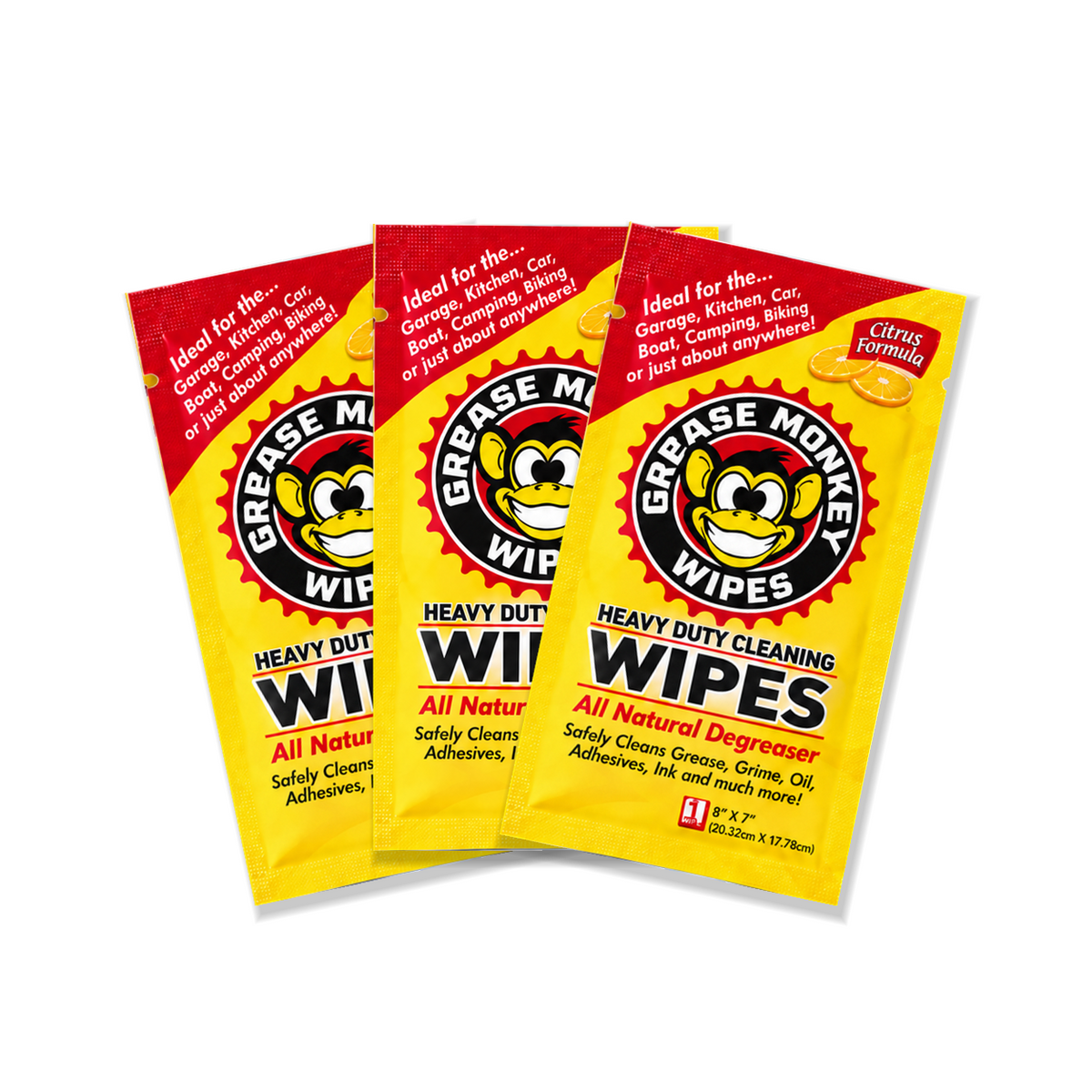 Three individually wrapped Grease Monkey heavy-duty cleaning wipes
