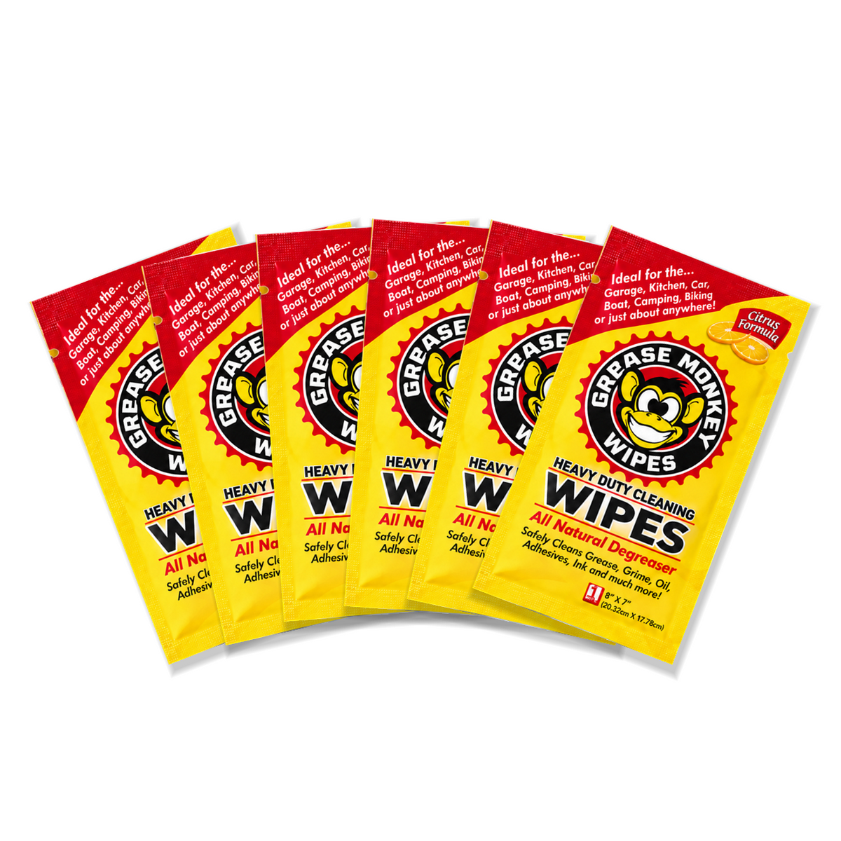 Six individually wrapped Grease Monkey heavy-duty cleaning wipes