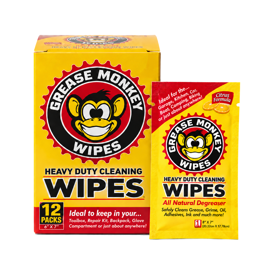 Box of 12 individually wrapped Grease Monkey heavy-duty cleaning wipes with a single packet