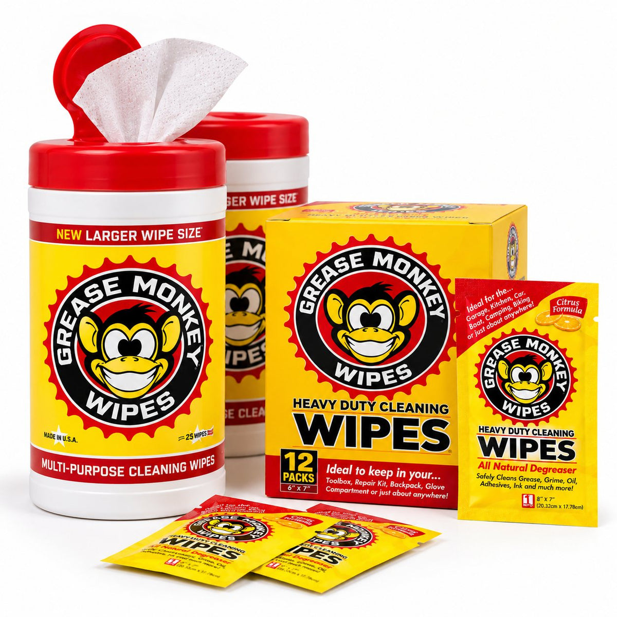 Grease Monkey Wipes range: two 25-count canisters, a 12-pack box and individually wrapped wipes